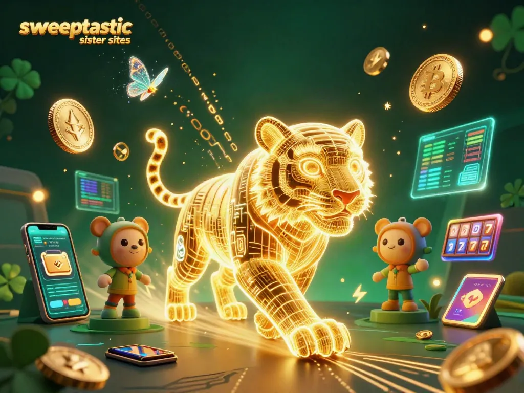 Sweeptastic sister sites showcase slot reels and crypto elements in a dynamic casino scene.