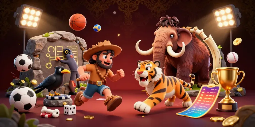 Experience excitement at the uy88 casino with a vibrant scene of a caveman and sabertooth tiger duo alongside sports elements.