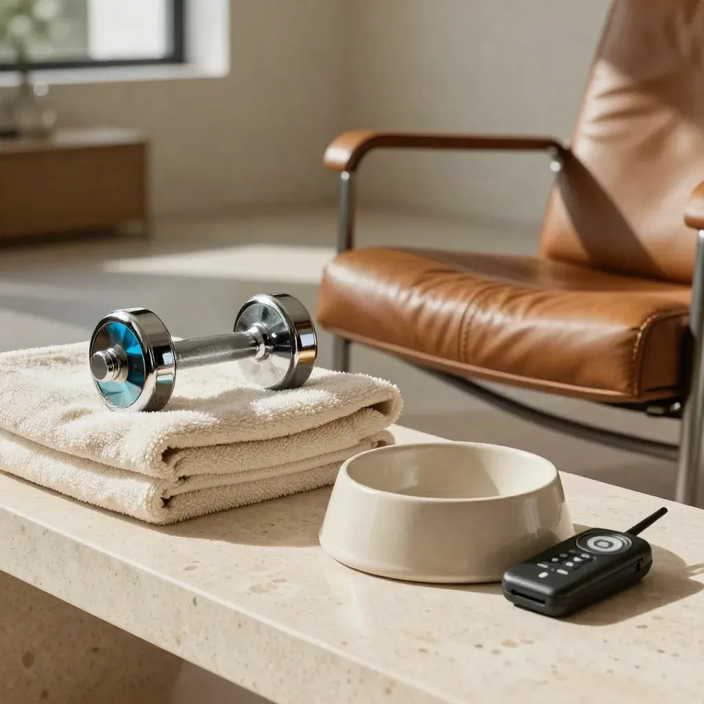 Amenity items on travertine bench: towel, dumbbell, chair arm, dog bowl, and gate transmitter.