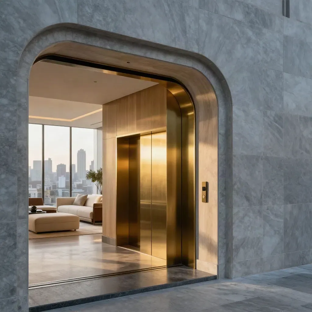 Moody Archway Tower lobby opening into a model residence at dawn with brass elevators and skyline glow