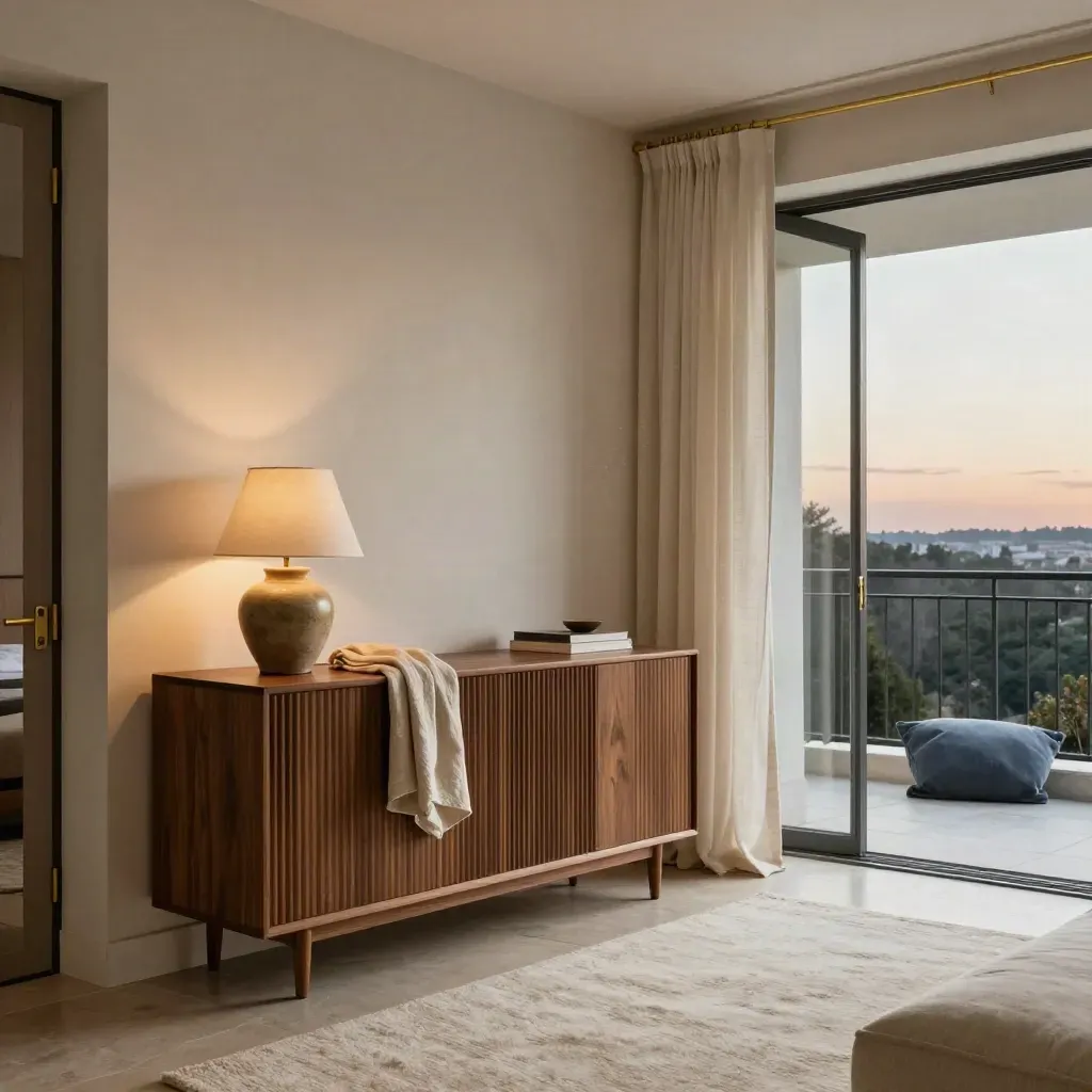 Open balcony living room with walnut console, linen drapery, pale rug, and skyline view at dusk