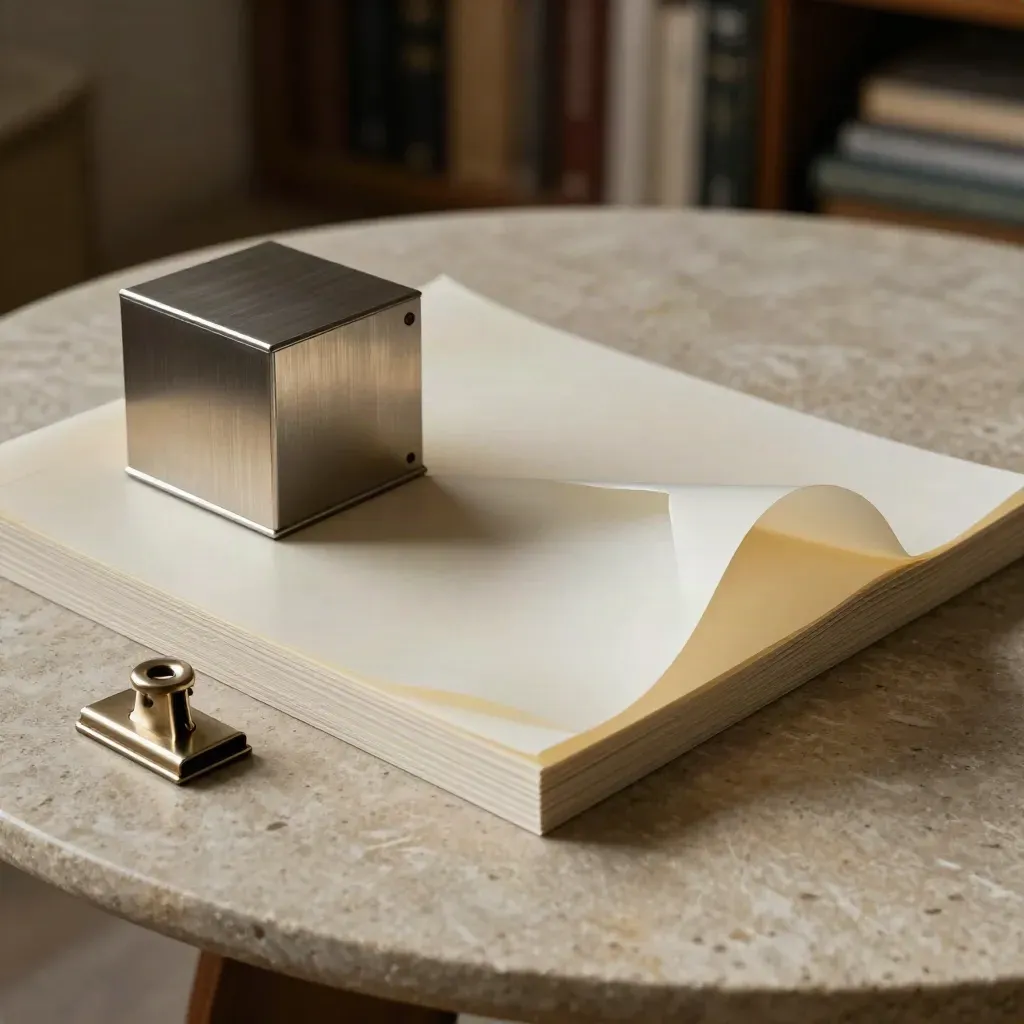 Overhead floor plan sheets, translucent overlays, small facade model and metal clip on stone table.