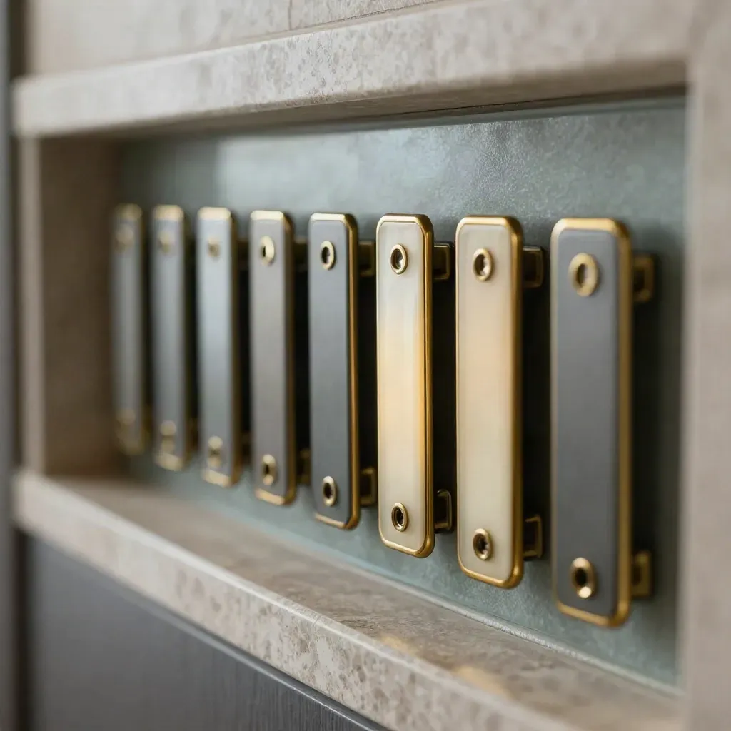 Brass apartment status tabs mid-slide in a slate holder, one glass marker turning bright.