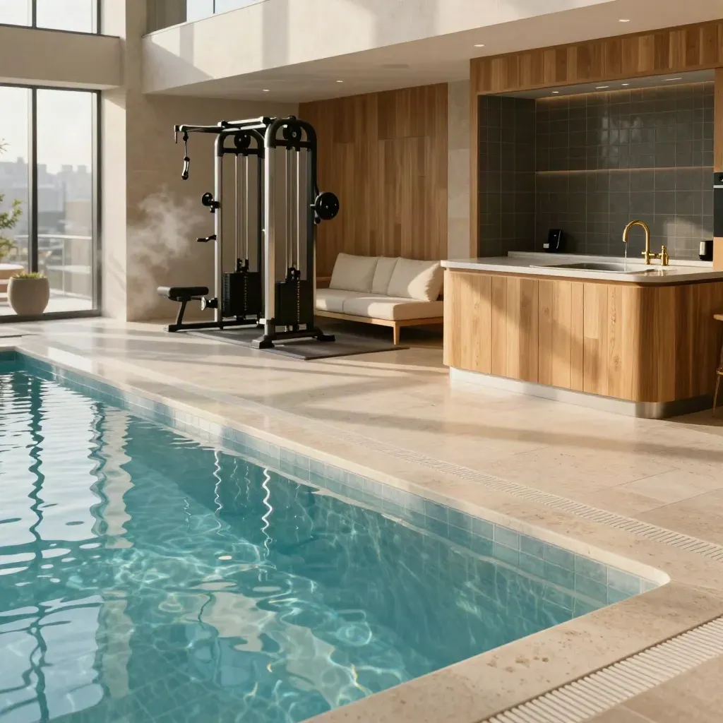 Luxury amenity floor with pool, gym corner, lounge seating, and pet-wash station in warm daylight.