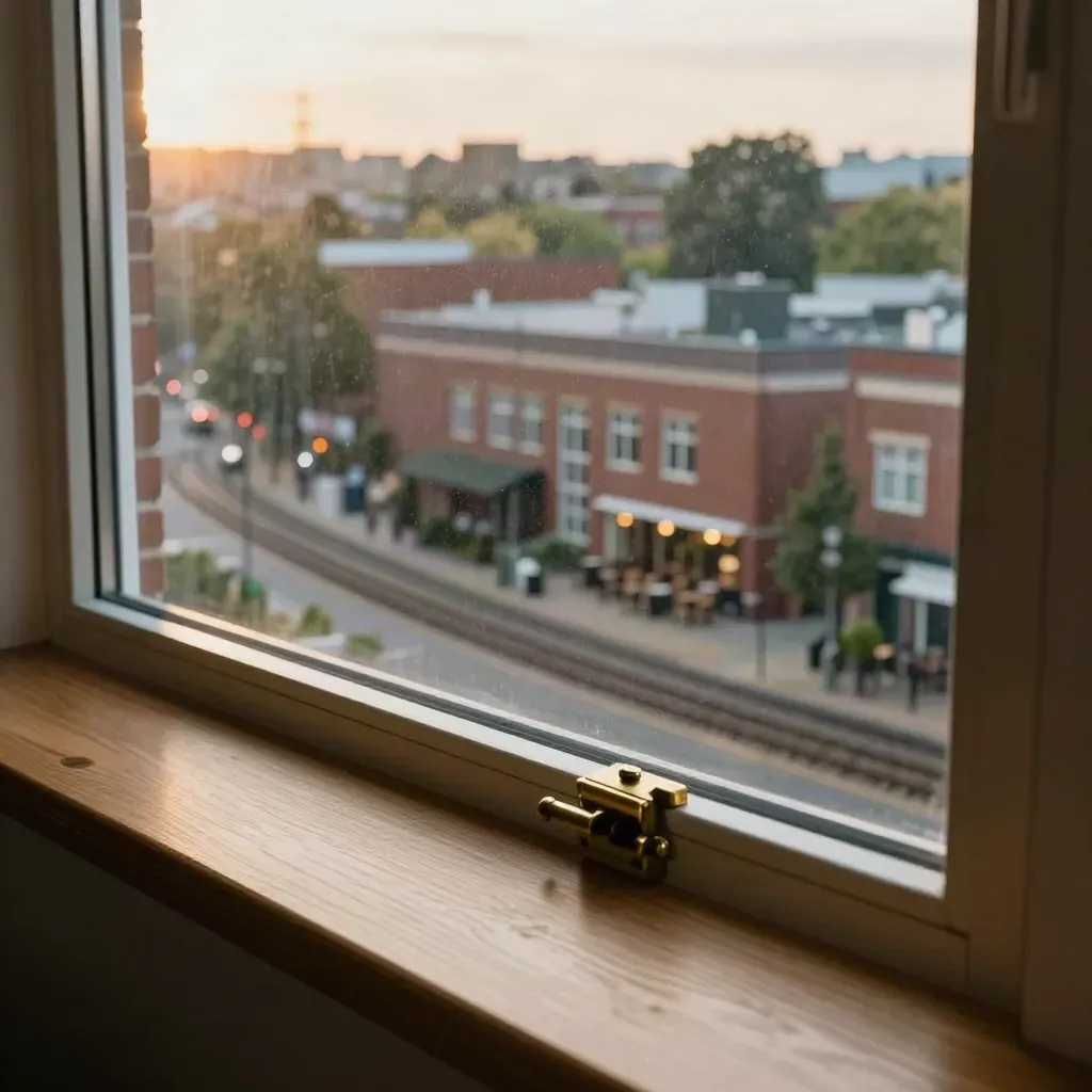 Tower window view over tracks, brick school, café chairs, and treetops at dusk.