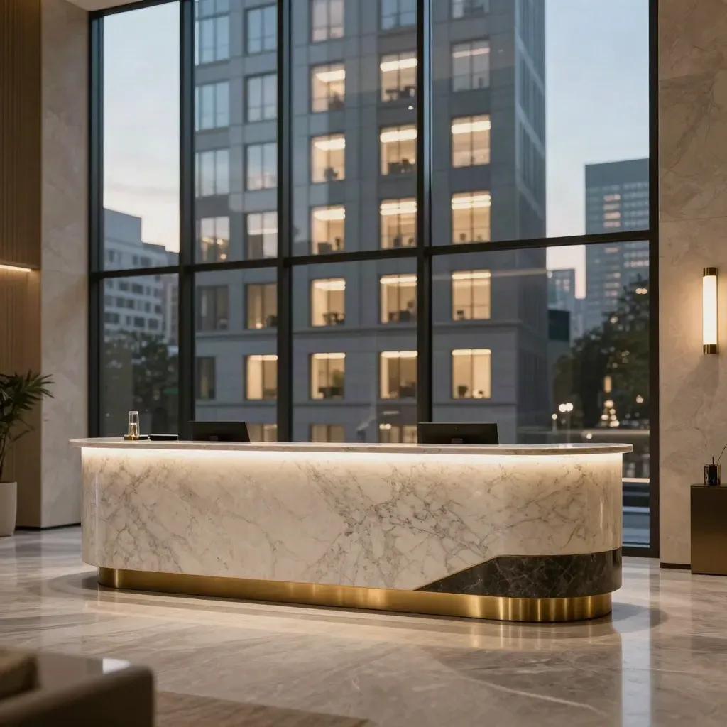 Refreshed leasing lobby with lit model windows and tower glass reflections at dusk.