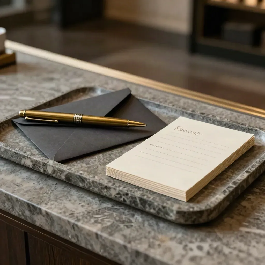 Brass pen, ajar envelope, request cards, and stone tray on a lobby ledge