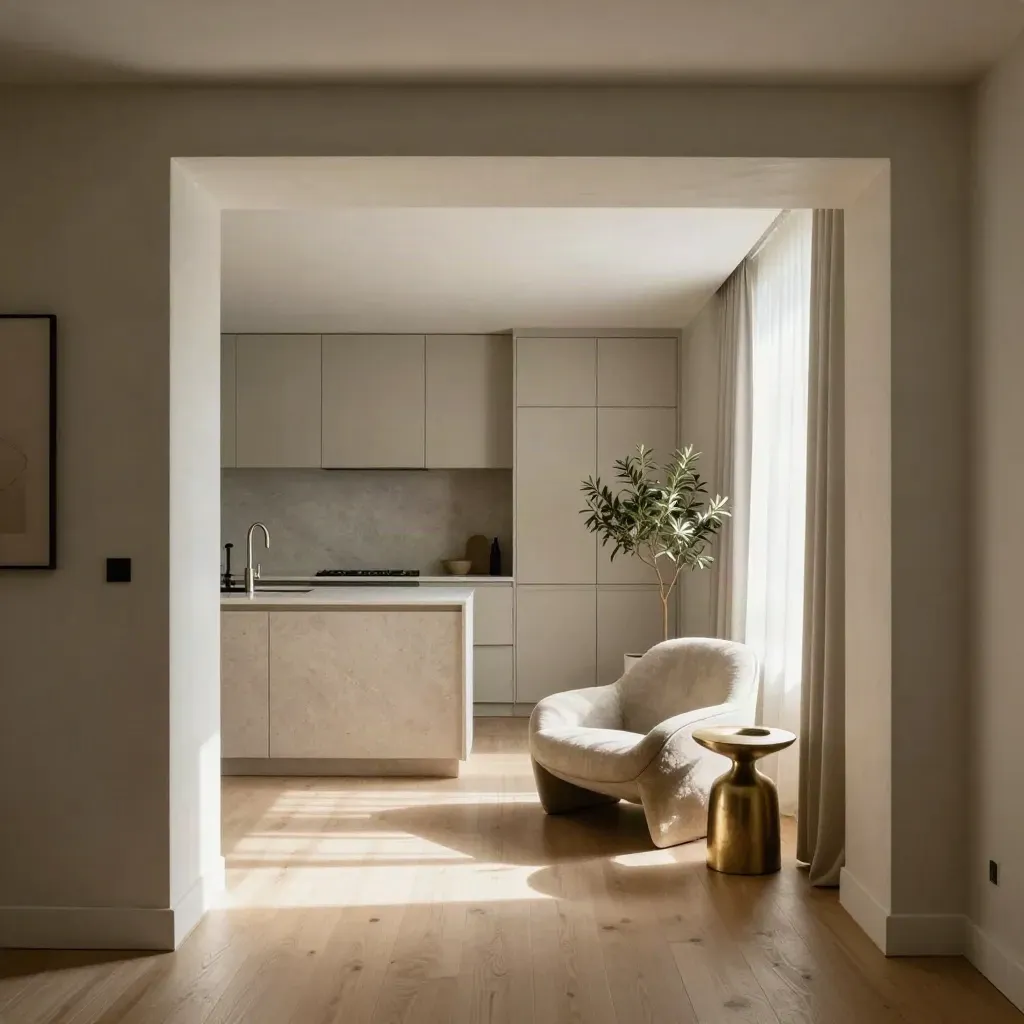 Model apartment entry with kitchen, lounge chair, side table, and plant