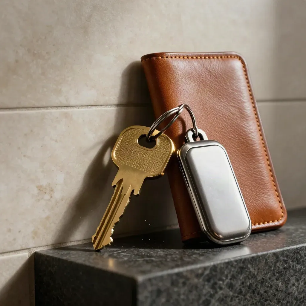 Brass key ring, leather portfolio cover, and access fob on a dark stone ledge.