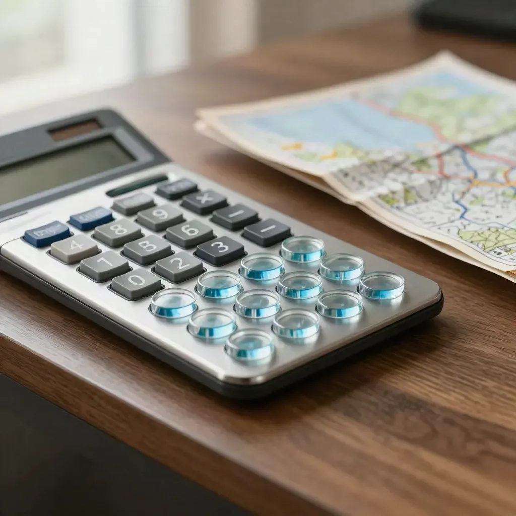 Calculator and unit-mix chips beside a face-down area map on a walnut desk.
