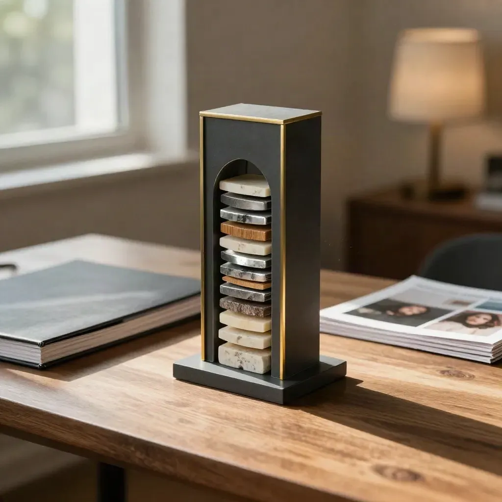 Tower model with finish samples, portfolio, and face-down prints on a walnut surface.