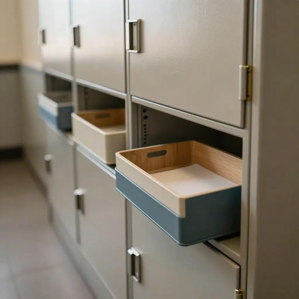 Resident service counter with parcel lockers and color-sorted trays settling into place