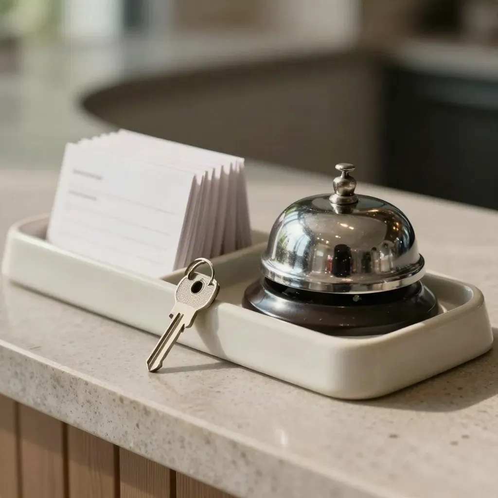 Service bell, locker key, and reply cards in an ivory ceramic tray on a reception ledge.