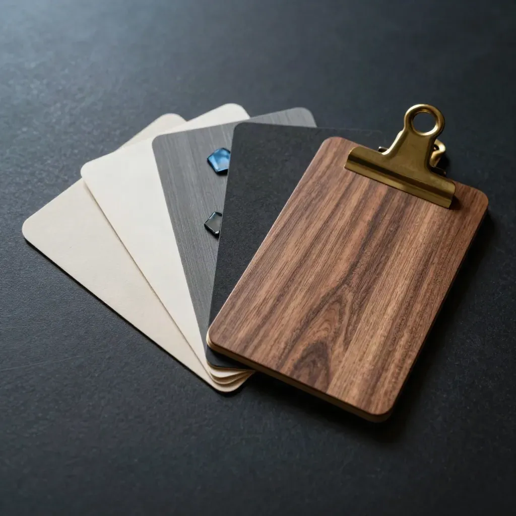 Top-down swatches, glass chips, tower card, and brass clip on warm walnut.