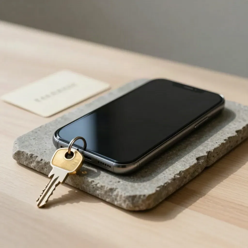 Smartphone, brass key fob and apartment key on a stone blotter for a tour request.