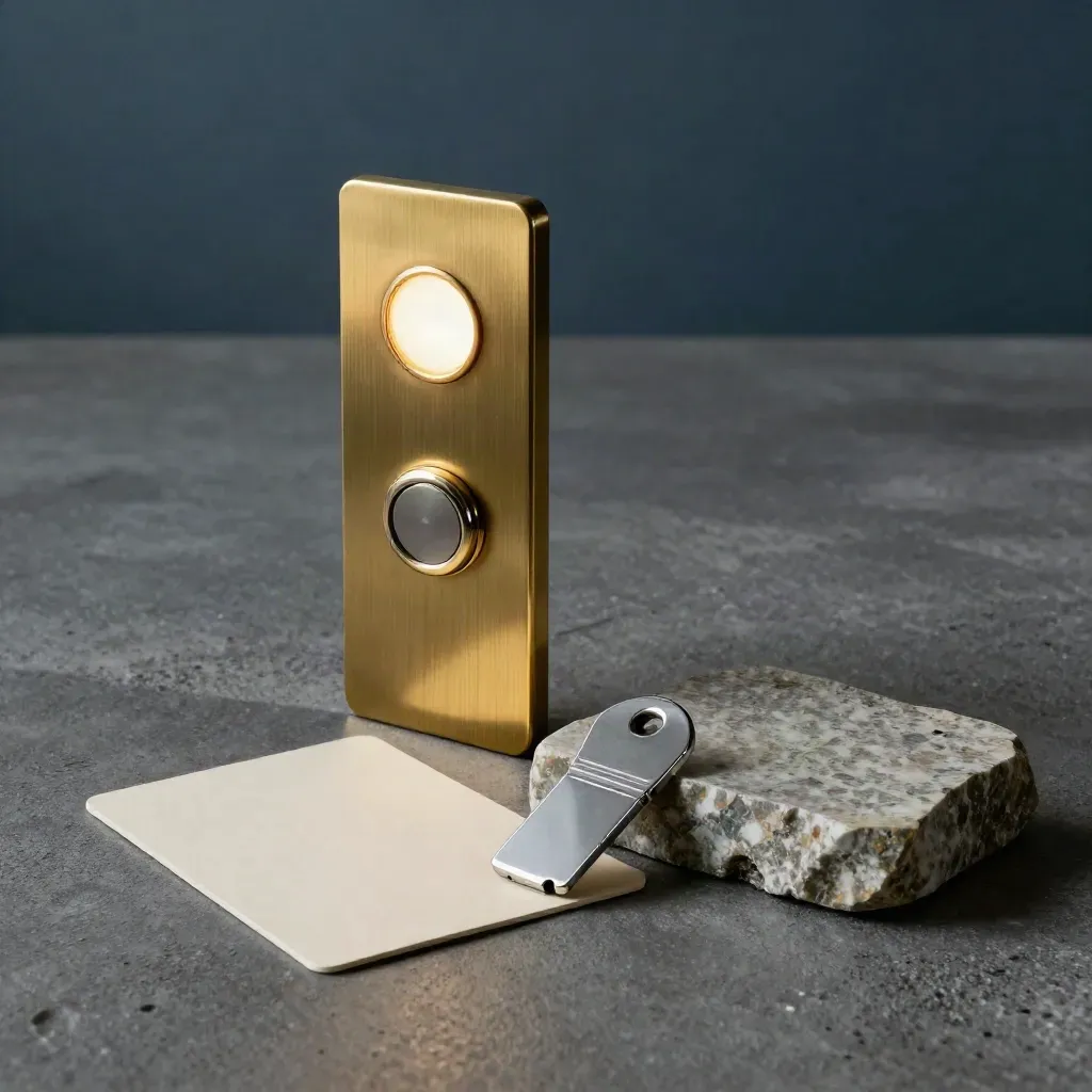 Brass elevator button, keycard, and stone threshold sample on dark concrete.