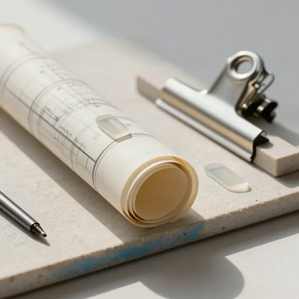 Rolled floor plan tube, translucent chips, and steel clip on a pale stone tray.