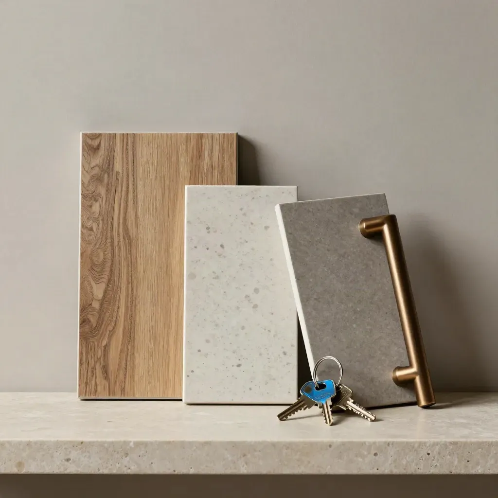 Oak, quartz, bronze samples and keys on a stone shelf with soft side light.