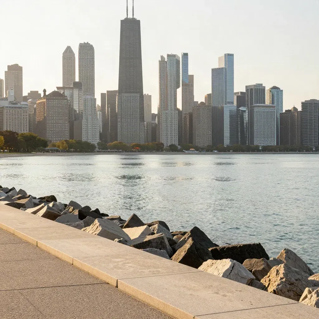 Chicago skyline above a hazy lakefront with calm water and sunrise glow