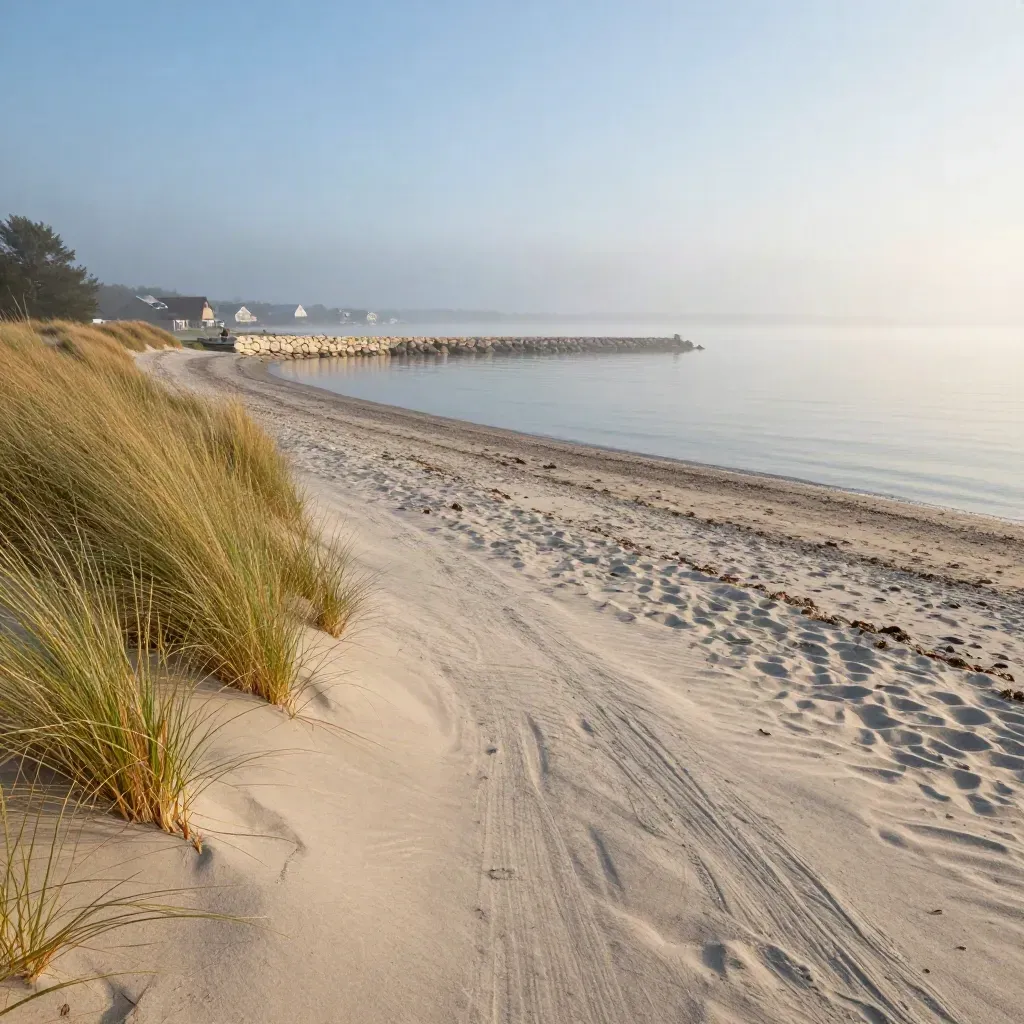 Foggy North Lakefront shoreline with dunes, breakwater, and distant homes at sunrise