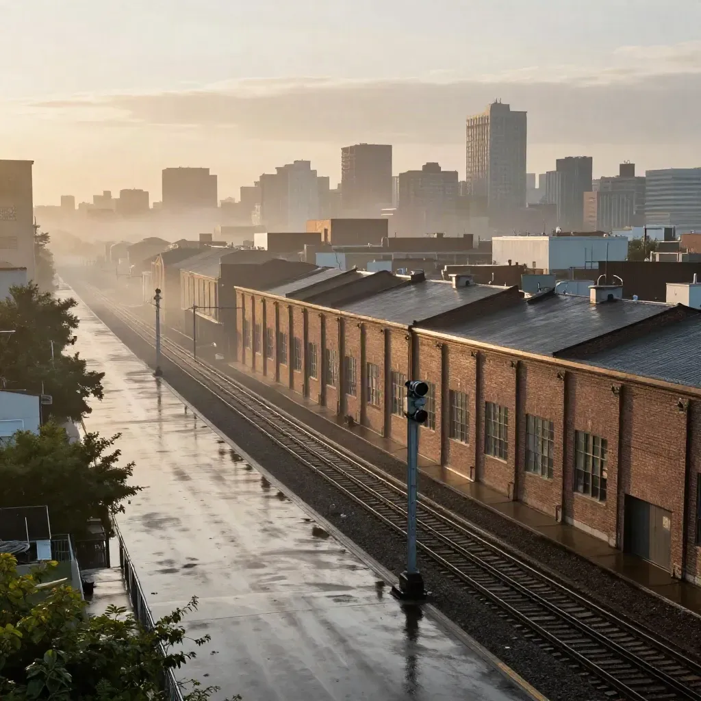 Rain-soaked West Metro rail corridor with brick warehouses glowing at sunset.