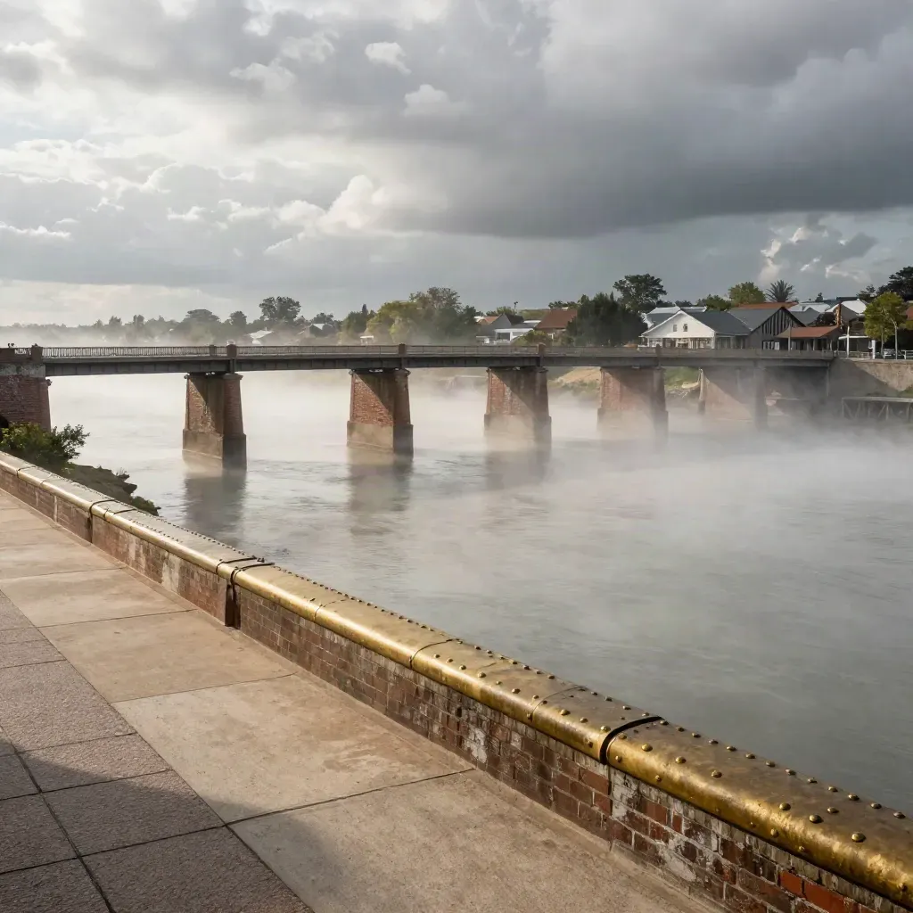 Storm-cleared South Metro riverfront bridges above misty water and tree-lined neighborhoods.