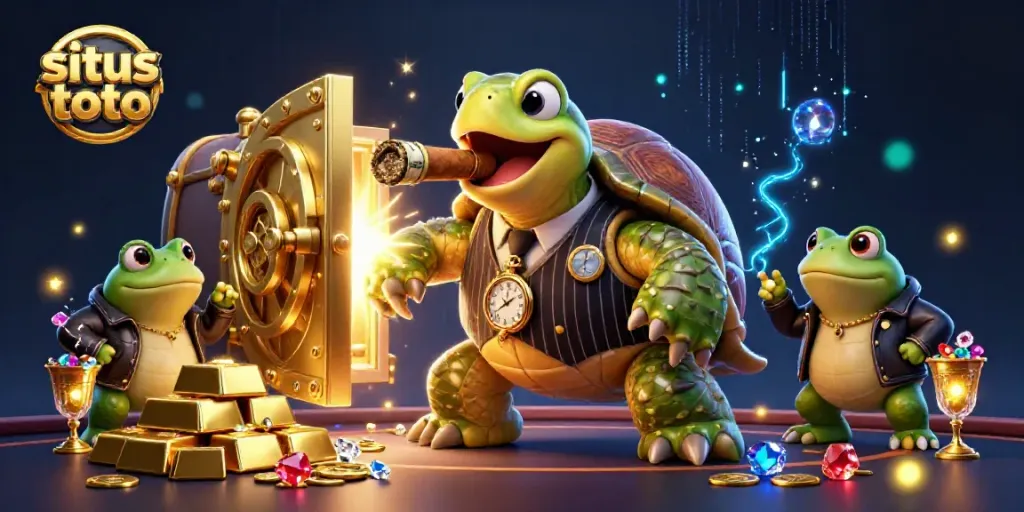 Gambar ilustrasi 3D dari situs toto dengan kura-kura besar dan penegak berbadan katak di kasino.