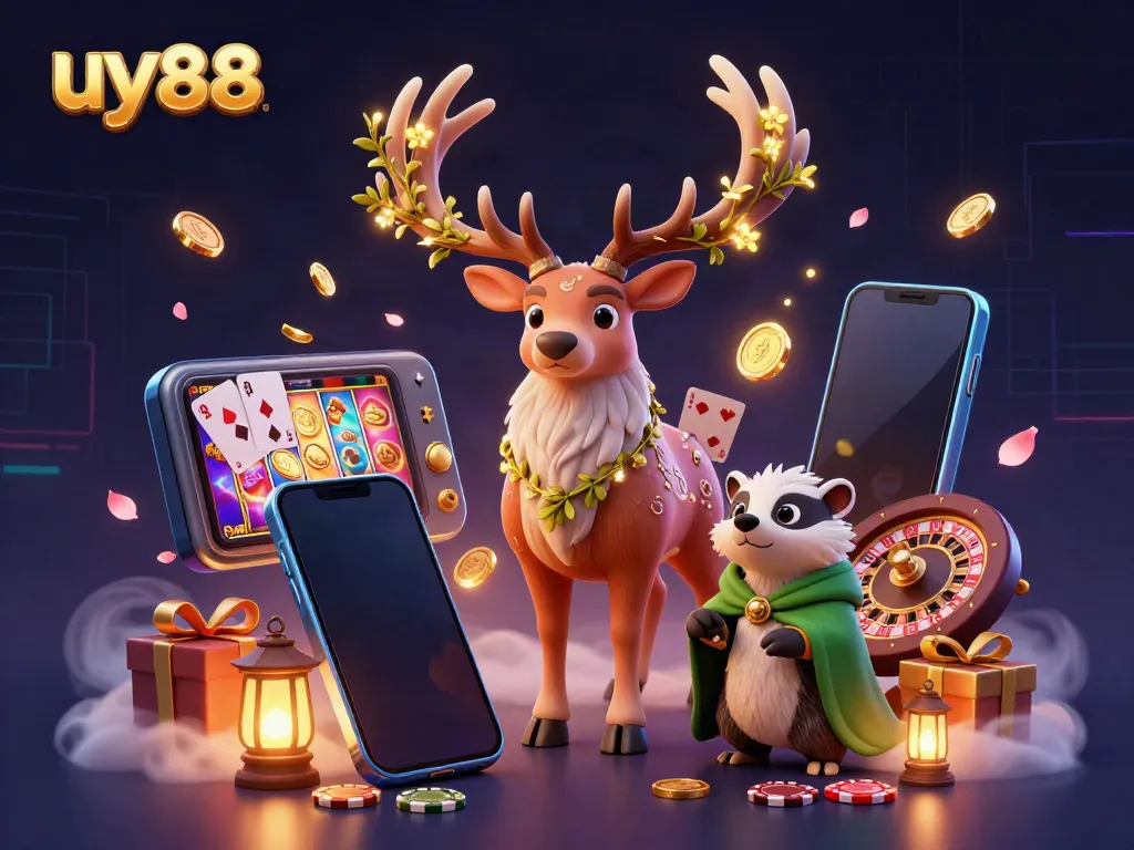 Experience the thrill of uy88 with this vibrant casino-themed illustration featuring a druid stag and gaming elements.