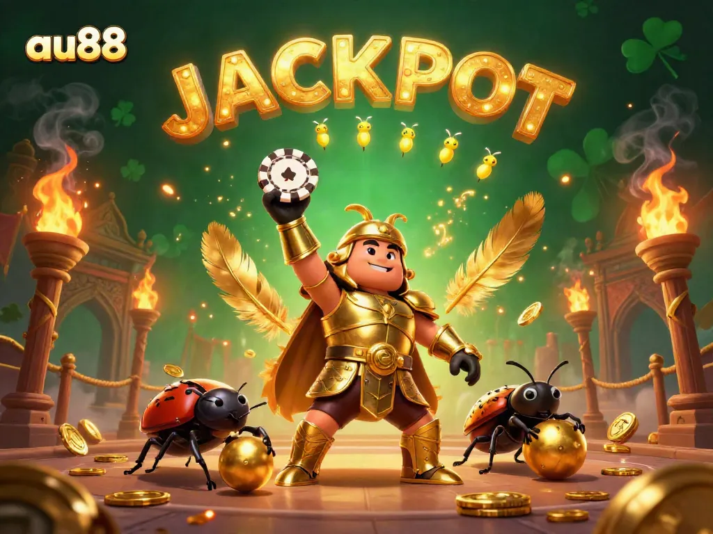 Join the excitement at au88 with a 3D illustration showcasing a heroic beetle celebrating a big win.