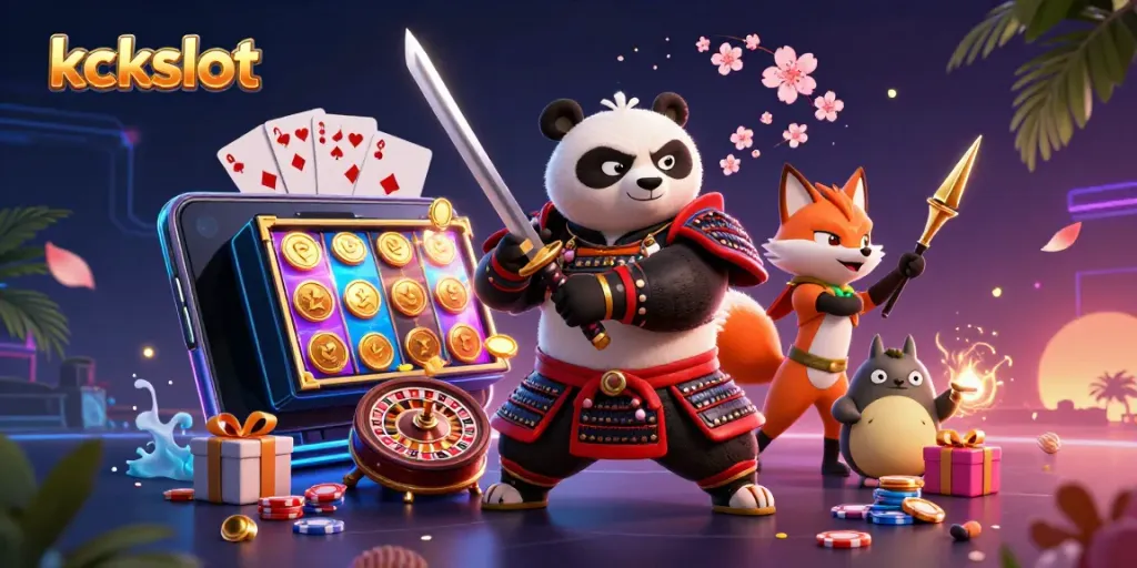 Gambarkan permainan slot di kckslot dengan panda samurai yang menghunus katana dan rubah ninja.