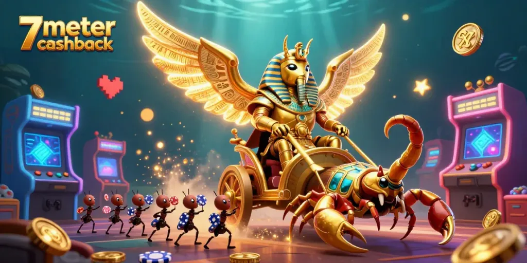 Experience thrilling 7meter cashback rewards in this colorful casino-themed illustration.
