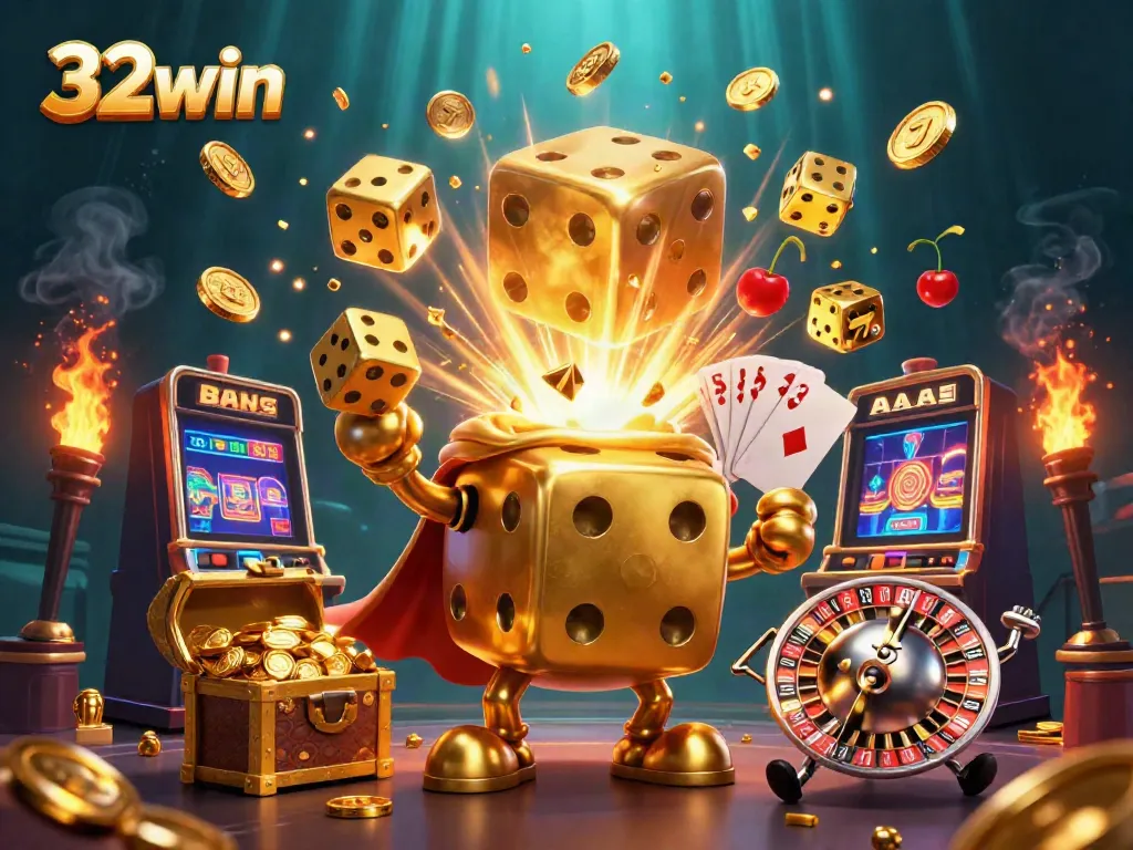 Experience the thrill at 32win with dynamic casino action featuring golden dice and slot machines.