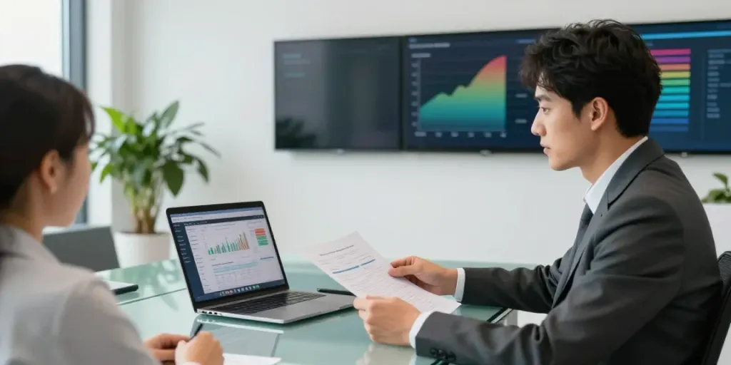 Financial Planner in Sydney advising a client in a modern office.