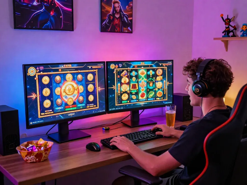 Engaging player enjoying slot games in a vibrant online gaming setup