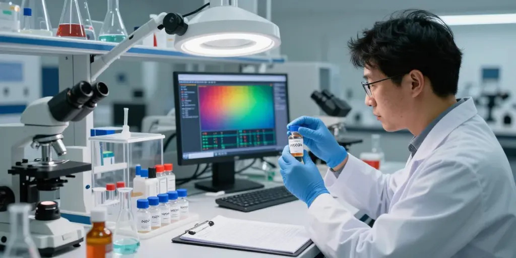Researcher analyzing cjc+ipa peptides in a modern lab environment.