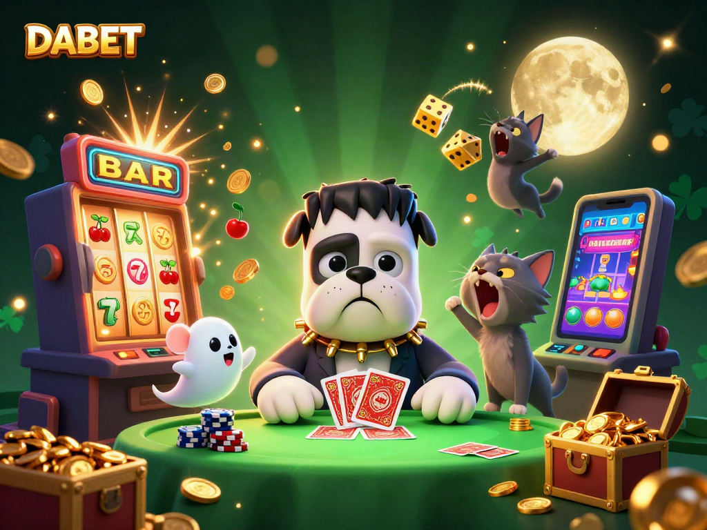 DABET offers exciting card dealing moments at a lively casino scene featuring festive characters and vibrant gaming elements.
