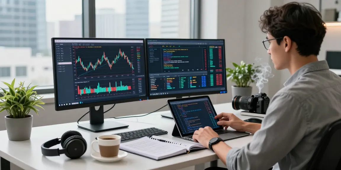 Global index real-time API analysis taking place in a modern finance workspace with screens displaying market data.