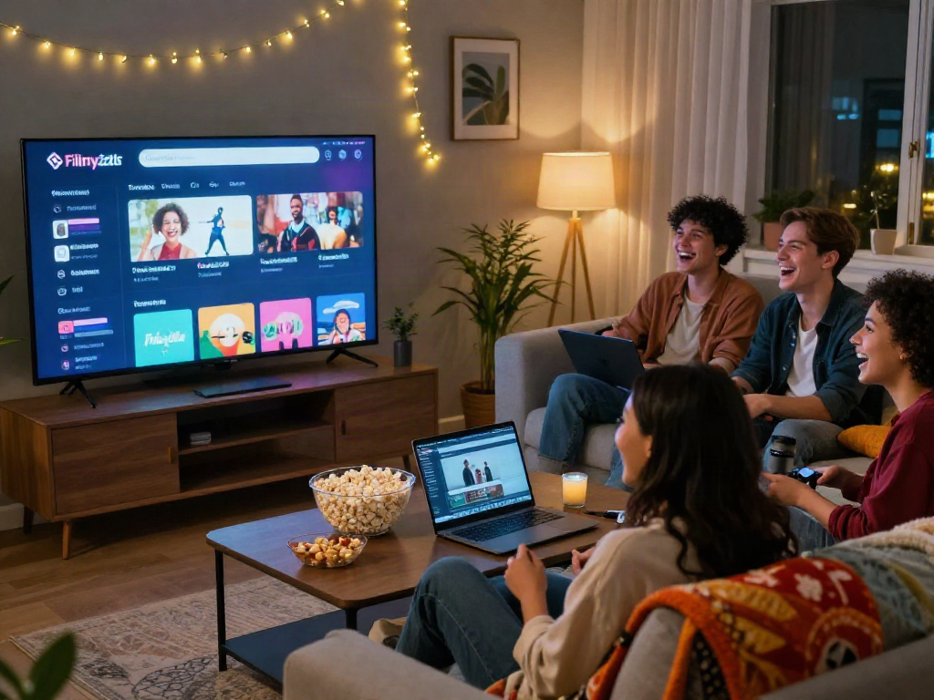 Friends enjoying a movie night with Filmyzilla streaming on TV, snacks and cozy atmosphere.