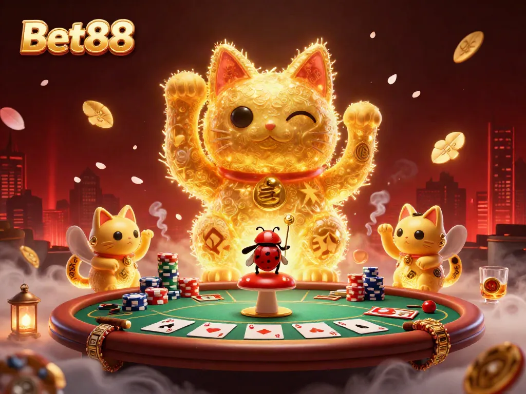 Experience winning moments at Bet88 with a shimmering golden lucky cat in a dynamic casino scene.