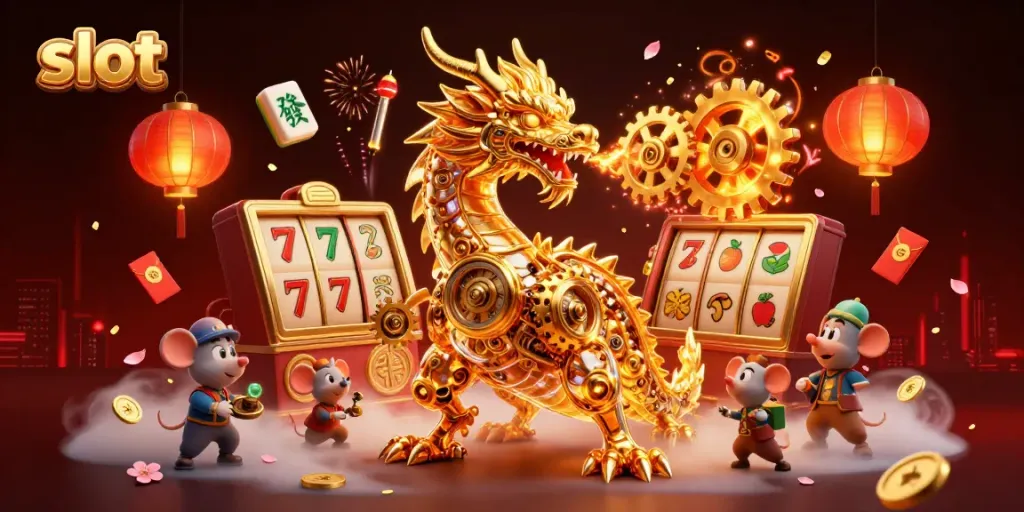 Experience the excitement of slot games with a 3D dragon and golden jackpot elements in this vibrant illustration.