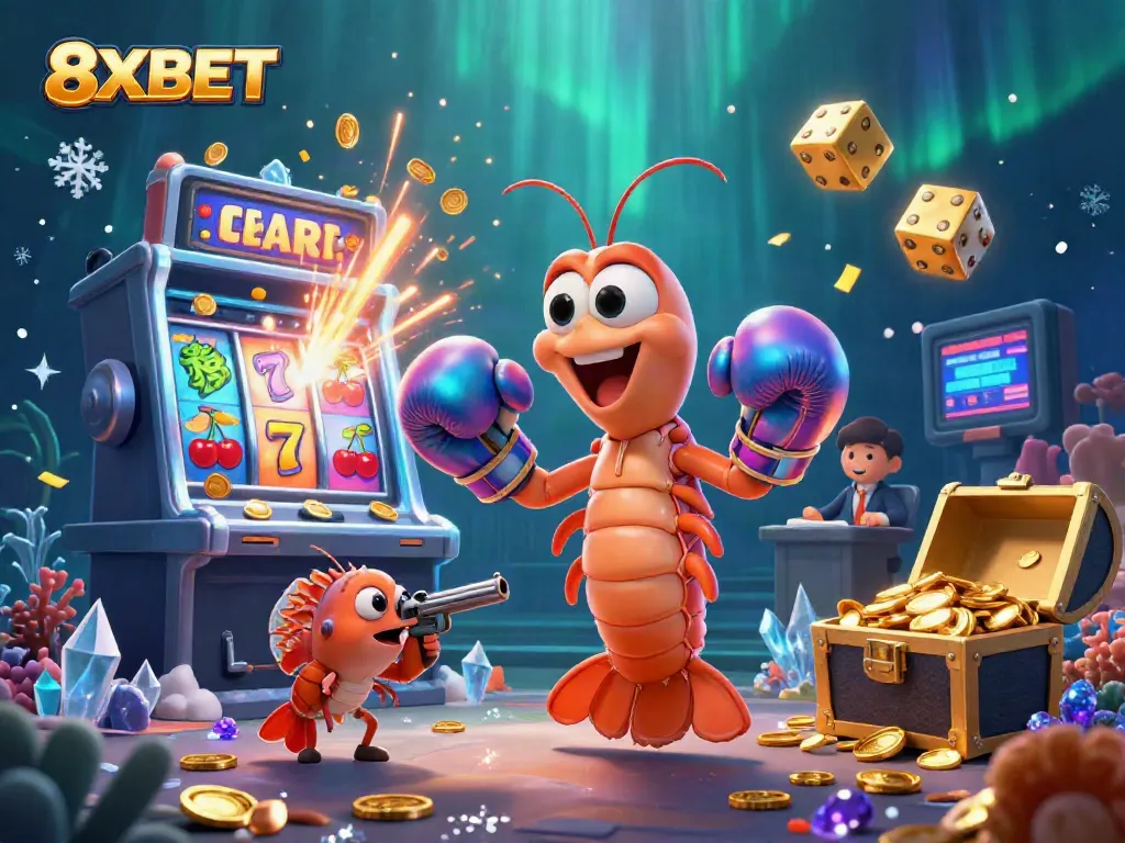 Experience the excitement of 8XBET with a dazzling illustration of a vibrant casino scene, showcasing dynamic gaming elements.