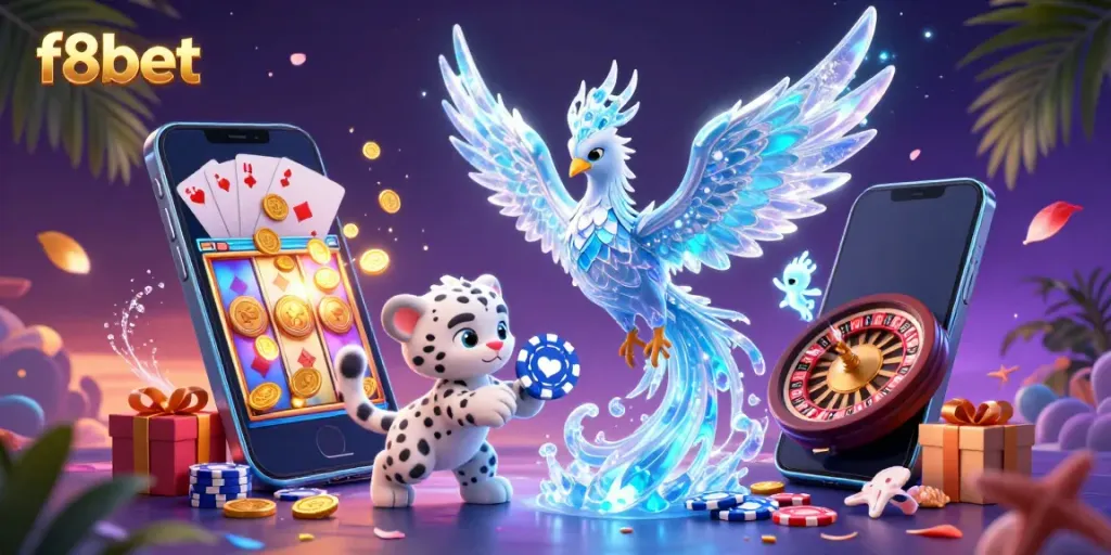 Experience the thrilling games at f8bet with the 3D phoenix, glowing slots, and vibrant casino elements.