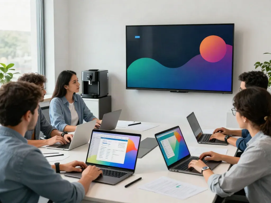 Collaborative team using tax office software in a modern workspace.