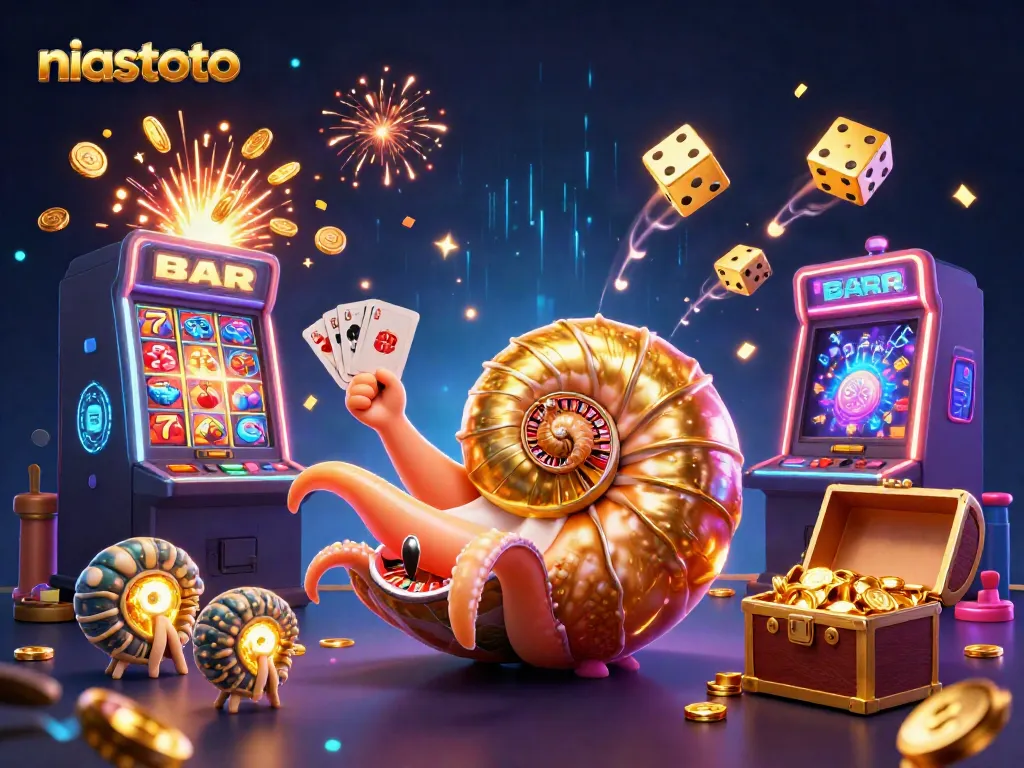 Experience thrilling gameplay at niastoto with a dazzling 3D casino scene featuring ancient characters and vibrant casino elements.