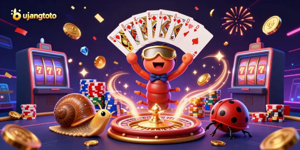 Bujangtoto's vibrant 3D illustration showcases a cartoon millipede dealer, snail high-roller, and pills bug amidst dynamic casino excitement.