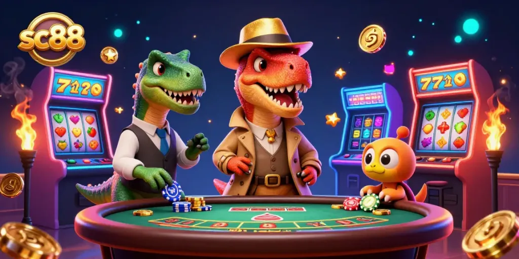 Play blackjack with sc88's whimsical velociraptor and stegosaurus characters amid vibrant casino action.