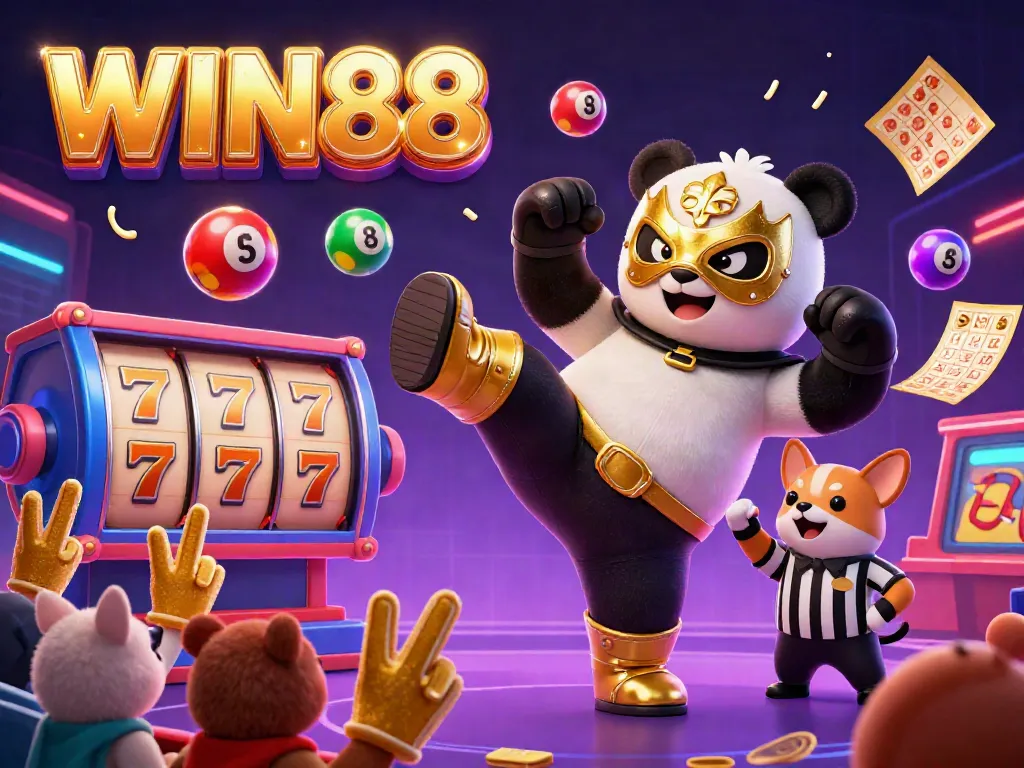 Experience the excitement of WIN88 with a vibrant illustration of a panda wrestler surrounded by casino elements.