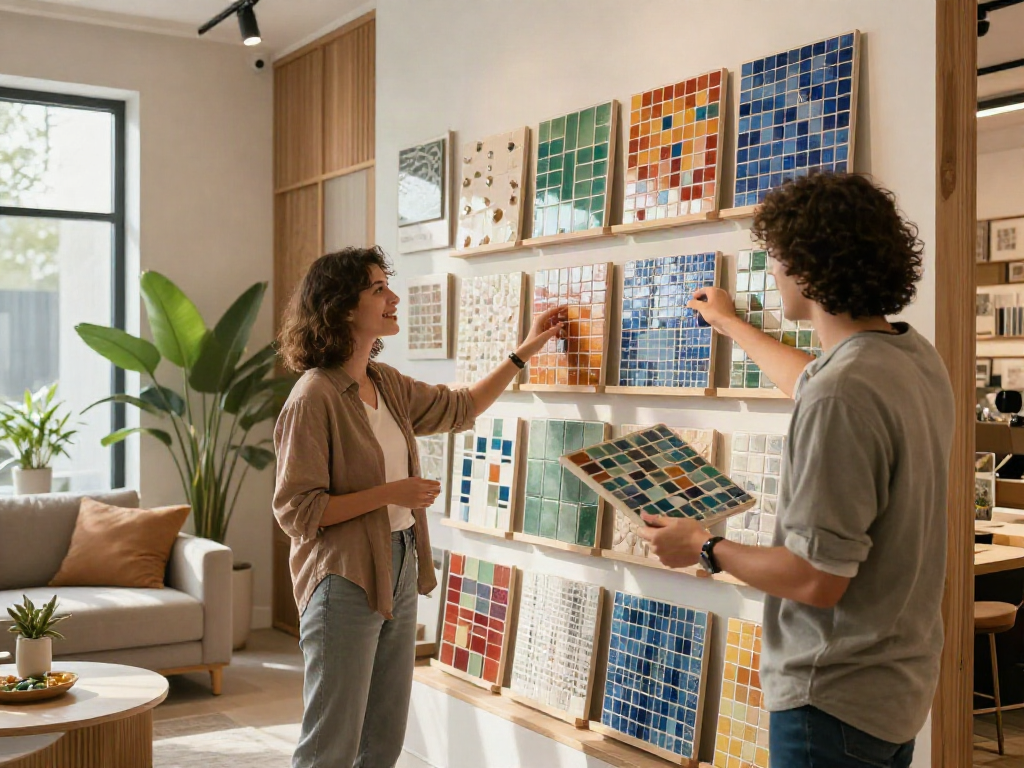Mosaic tiles Sydney selection displayed in a modern interior design showroom highlighting vibrant patterns and colors.