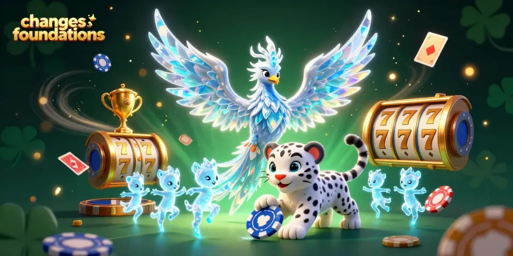 Engage in thrilling gameplay with changesfoundations featuring an ice phoenix and vivid slot reels.