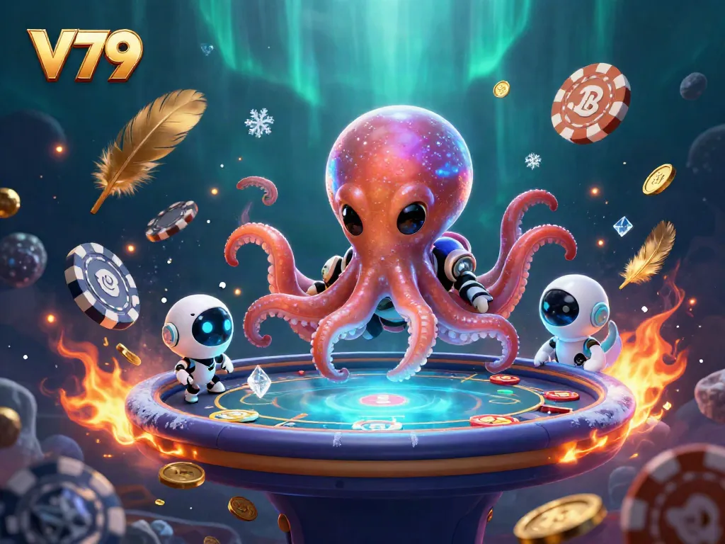 V79 alien octopus operating a floating poker table, showcasing vibrant casino elements and cosmic background.